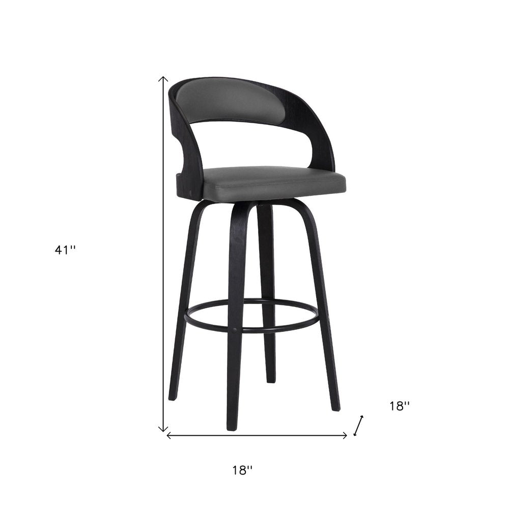 30" Gray And Black Fabric And Iron Low Back Bar Height Swivel Bar Chair