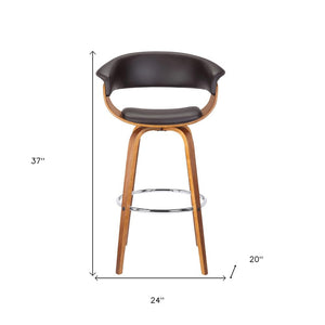 27" Brown Faux Leather And Fabric And Iron Low Back Counter Height Swivel Bar Chair
