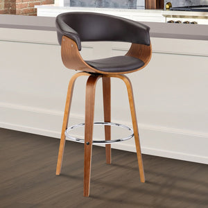31" Brown Faux Leather And Fabric And Solid Wood Low Back Bar Height Swivel Bar Chair