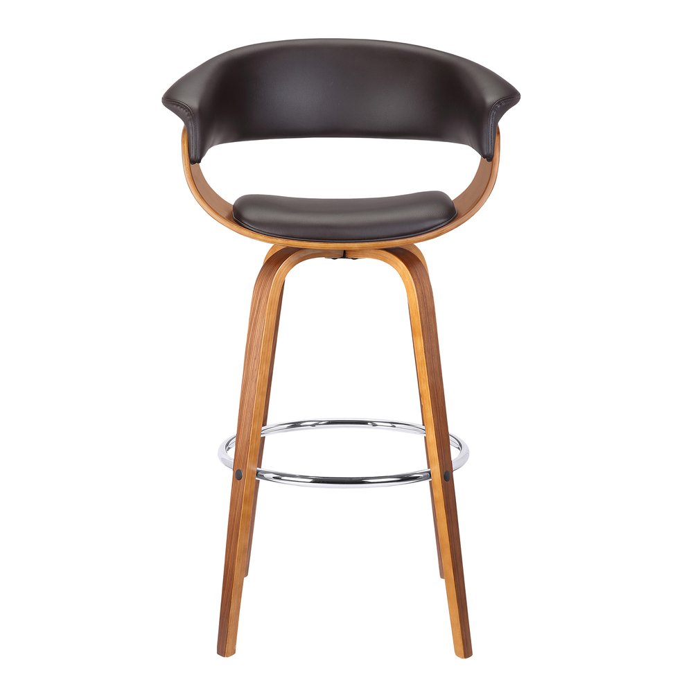 31" Brown Faux Leather And Fabric And Solid Wood Low Back Bar Height Swivel Bar Chair