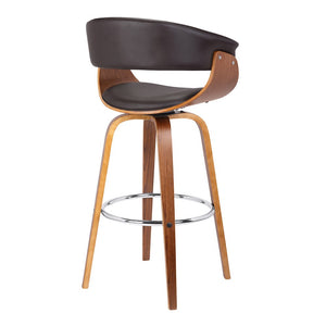 31" Brown Faux Leather And Fabric And Solid Wood Low Back Bar Height Swivel Bar Chair