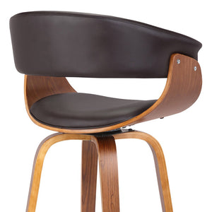 31" Brown Faux Leather And Fabric And Solid Wood Low Back Bar Height Swivel Bar Chair