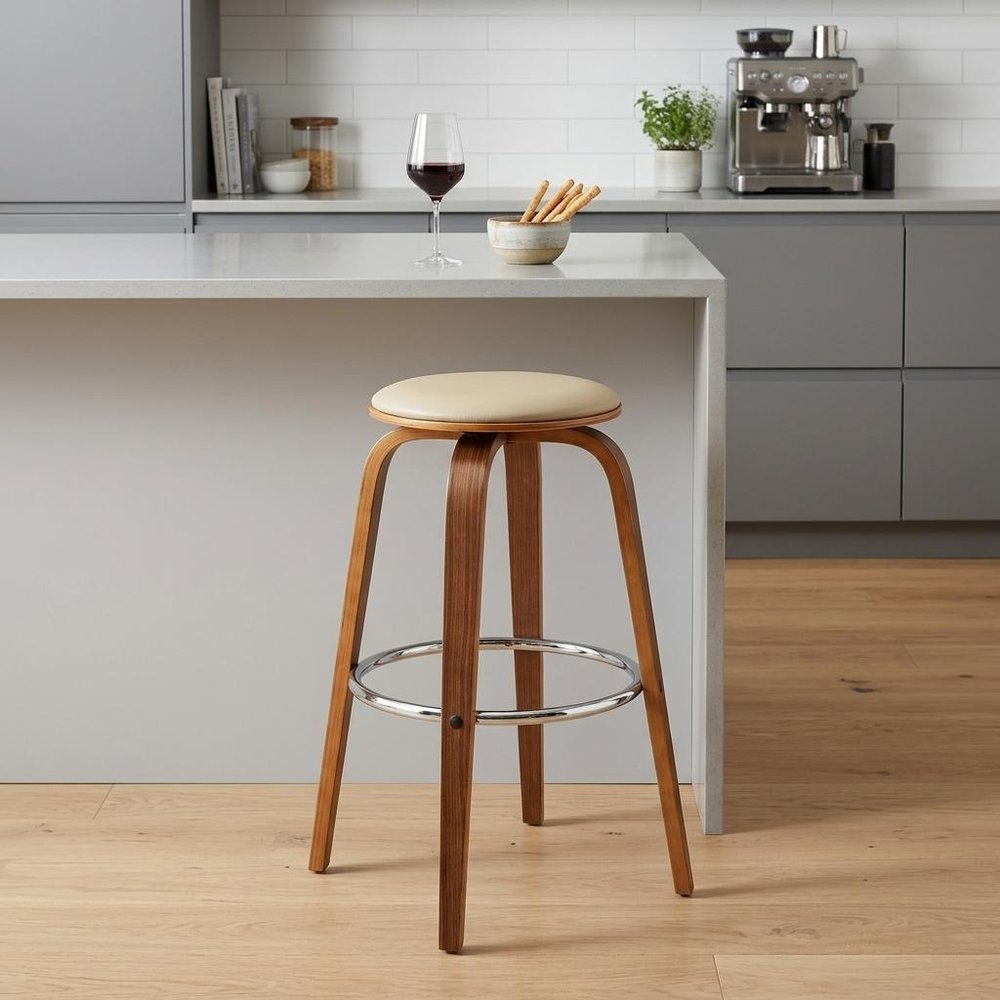 25" Cream And Brown Iron Swivel Backless Counter Height Bar Chair