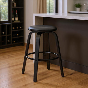 29" Gray And Black Solid Wood Swivel Backless Bar Height Bar Chair