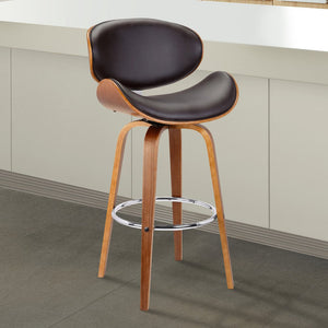 26" Brown Faux Leather And Fabric And Iron Low Back Counter Height Swivel Bar Chair