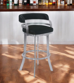 26" Black and Silver Faux Leather and Iron Low Back Counter Height Swivel Bar Chair