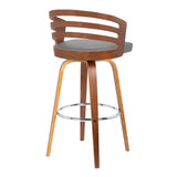 30" Gray and Brown Fabric and Iron Low Back Bar Height Swivel Bar Chair