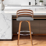 30" Gray and Brown Fabric and Iron Low Back Bar Height Swivel Bar Chair