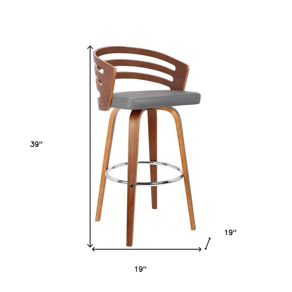 30" Gray and Brown Fabric and Iron Low Back Bar Height Swivel Bar Chair