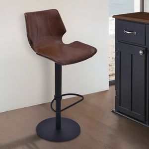 21" Coffee And Black Faux Leather And Fabric And Iron Low Back Adjustable Height Swivel Bar Chair