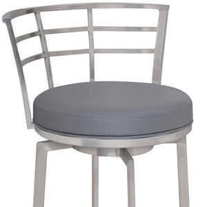 26" Gray And Silver Faux Leather And Fabric And Iron Low Back Counter Height Swivel Bar Chair