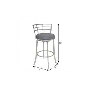 26" Gray And Silver Faux Leather And Iron Swivel Low Back Counter Height Bar Chair