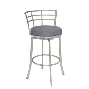 26" Gray And Silver Faux Leather And Fabric And Iron Low Back Counter Height Swivel Bar Chair