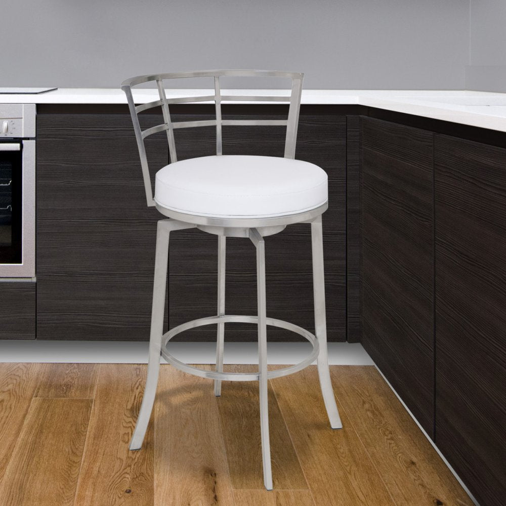 26" White And Silver Faux Leather And Iron Swivel Low Back Counter Height Bar Chair