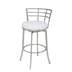 26" White And Silver Faux Leather And Iron Swivel Low Back Counter Height Bar Chair