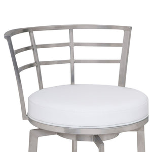 26" White And Silver Faux Leather And Iron Swivel Low Back Counter Height Bar Chair