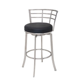 26" Black And Silver Faux Leather And Iron Swivel Low Back Counter Height Bar Chair
