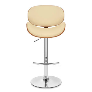 Cream and Silver Faux Leather and Solid Wood Low Back Adjustable Height Swivel Bar Chair