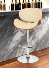 Cream and Silver Faux Leather and Solid Wood Low Back Adjustable Height Swivel Bar Chair