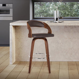 26" Brown Fabric And Solid Wood Low Back Counter Height Swivel Bar Chair
