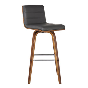 26" Gray And Brown Fabric And Solid Wood Low Back Counter Height Swivel Bar Chair