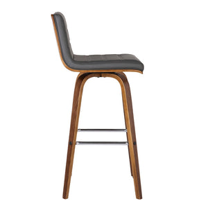 30" Gray and Brown Faux Leather and Solid Wood Low Back Bar Height Swivel Bar Chair