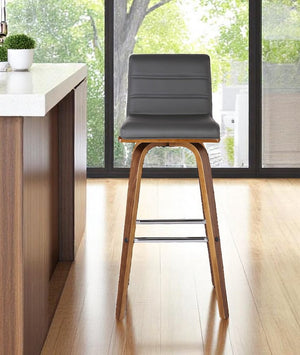 30" Gray and Brown Faux Leather and Solid Wood Low Back Bar Height Swivel Bar Chair