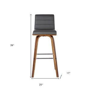 30" Gray and Brown Faux Leather and Solid Wood Low Back Bar Height Swivel Bar Chair