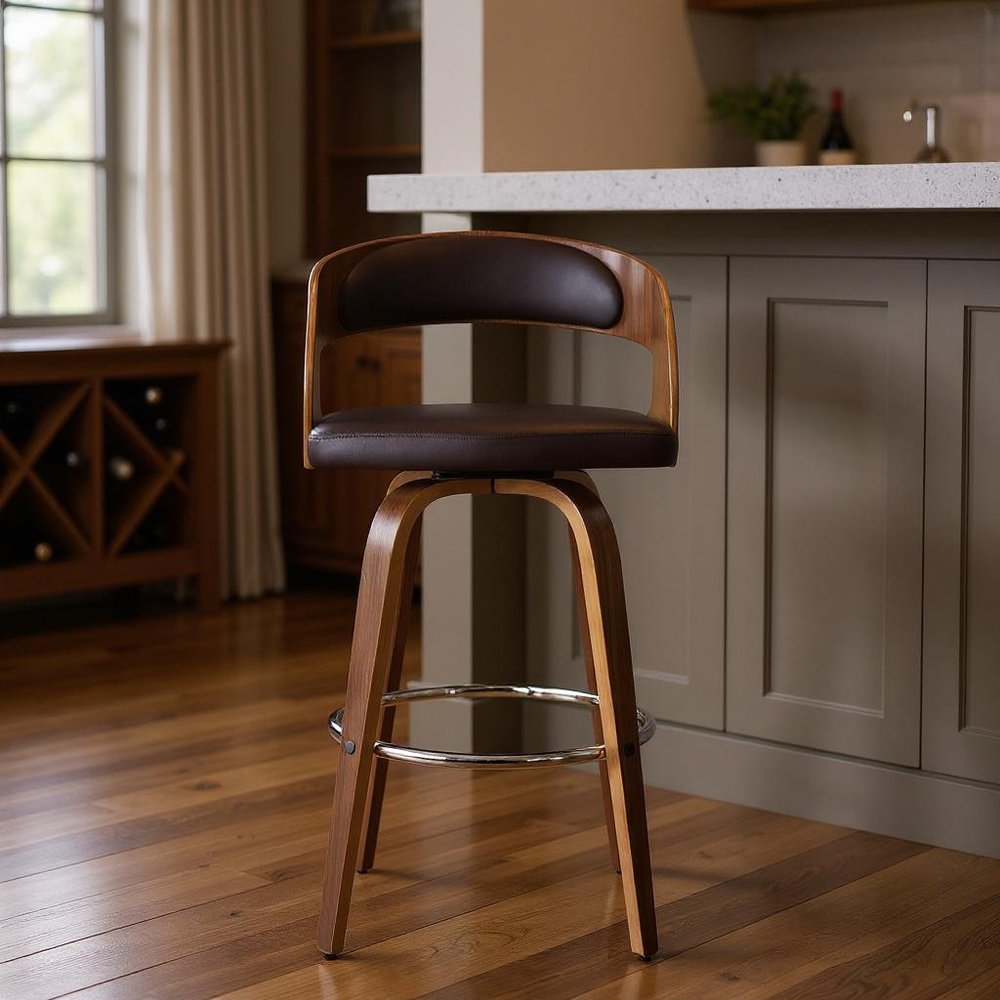 30" Brown Solid Wood Swivel Low Back Bar Height Bar Chair