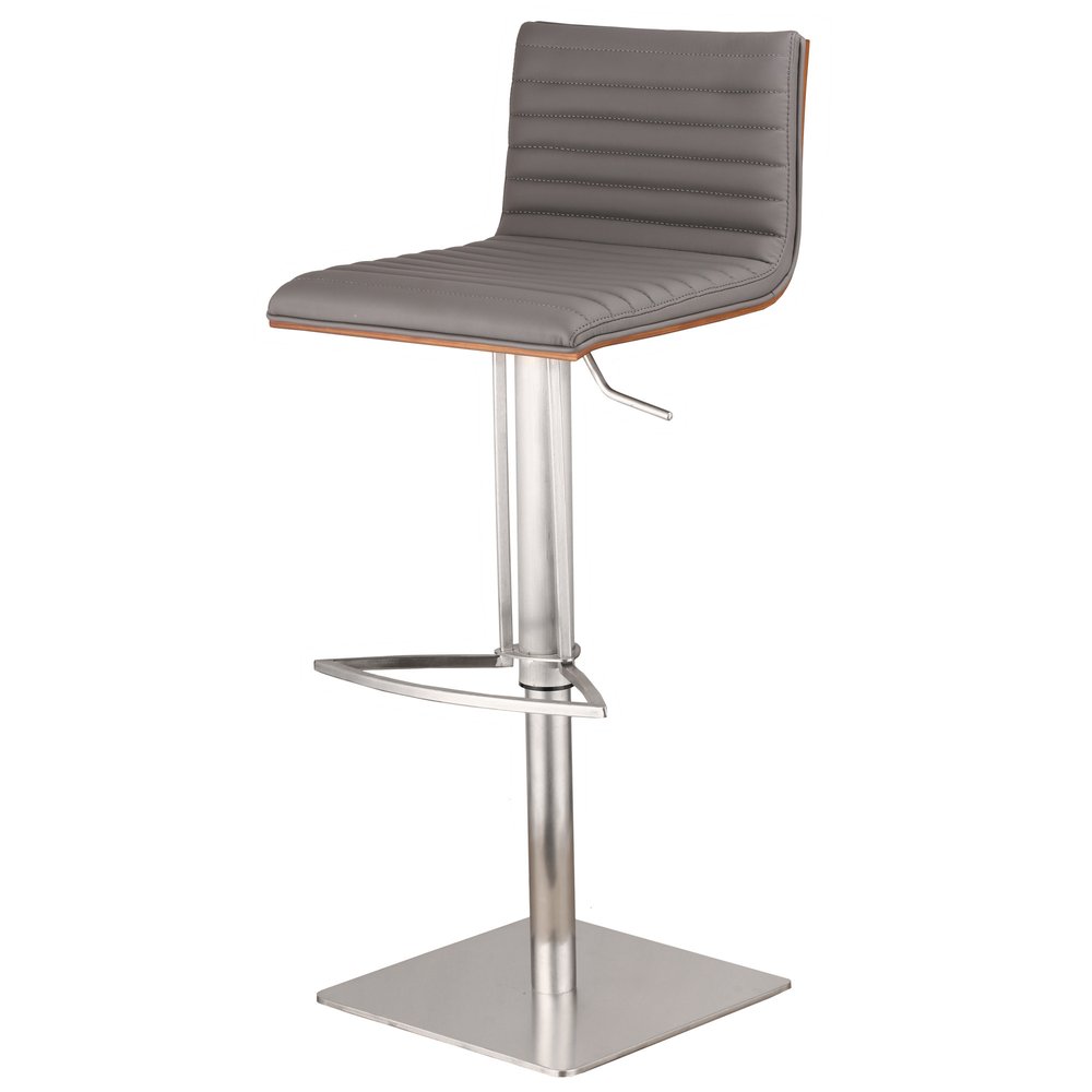 Gray And Silver Fabric And Faux Leather And Iron Low Back Adjustable Height Swivel Bar Chair
