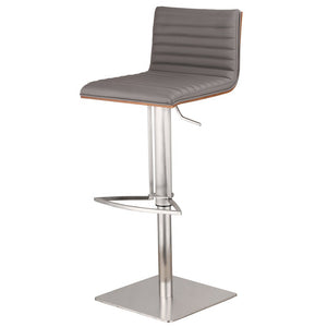 Gray And Silver Fabric And Faux Leather And Iron Low Back Adjustable Height Swivel Bar Chair