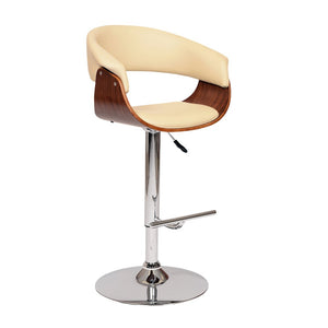Cream And Silver Faux Leather And Fabric And Solid Wood Low Back Adjustable Height Swivel Bar Chair
