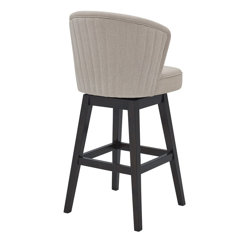 27" Tan and Espresso Fabric and Solid Wood Low Back Counter Height Swivel Bar Chair