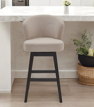 27" Tan and Espresso Fabric and Solid Wood Low Back Counter Height Swivel Bar Chair