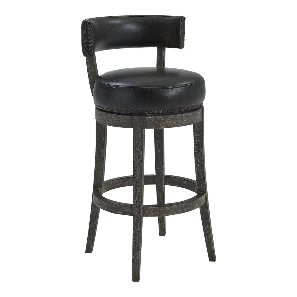 31" Onyx and Gray Faux Leather and Solid Wood Low Back Bar Height Swivel Bar Chair
