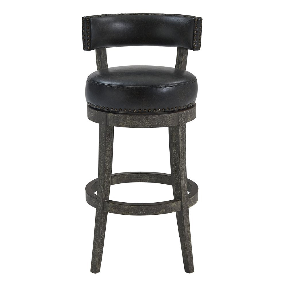 31" Onyx and Gray Faux Leather and Solid Wood Low Back Bar Height Swivel Bar Chair