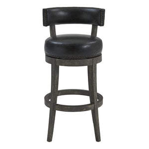 31" Onyx and Gray Faux Leather and Solid Wood Low Back Bar Height Swivel Bar Chair