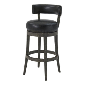 31" Onyx and Gray Faux Leather and Solid Wood Low Back Bar Height Swivel Bar Chair