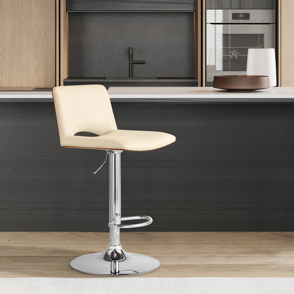 Cream And Silver Faux Leather And Fabric And Wood Low Back Adjustable Height Swivel Bar Chair