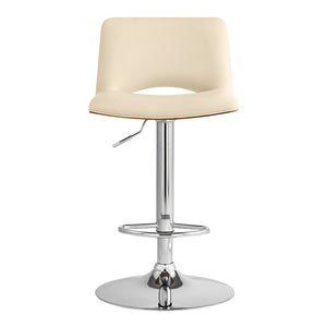 Cream And Silver Faux Leather And Fabric And Wood Low Back Adjustable Height Swivel Bar Chair