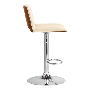 Cream And Silver Faux Leather And Fabric And Wood Low Back Adjustable Height Swivel Bar Chair