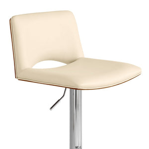 Cream And Silver Faux Leather And Fabric And Wood Low Back Adjustable Height Swivel Bar Chair