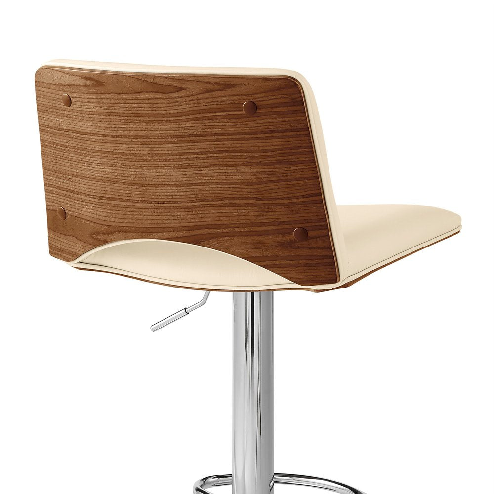 Cream And Silver Faux Leather And Fabric And Wood Low Back Adjustable Height Swivel Bar Chair
