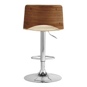 Cream And Silver Faux Leather And Fabric And Wood Low Back Adjustable Height Swivel Bar Chair