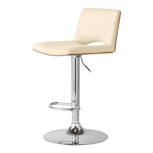 Cream And Silver Faux Leather And Fabric And Wood Low Back Adjustable Height Swivel Bar Chair