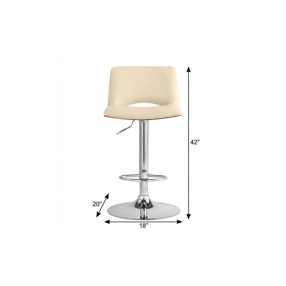 24" Cream And Silver Faux Leather Swivel Low Back Adjustable Height Bar Chair