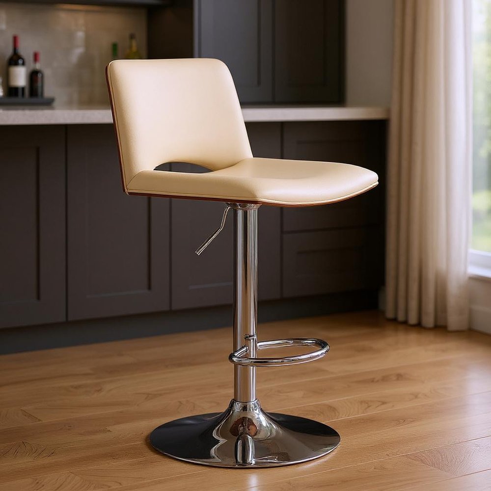 24" Cream And Silver Faux Leather Swivel Low Back Adjustable Height Bar Chair