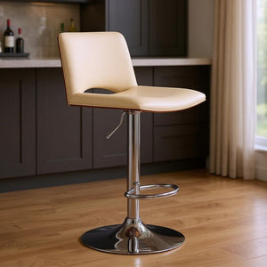 24" Cream And Silver Faux Leather Swivel Low Back Adjustable Height Bar Chair