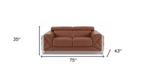 75" Camel And Silver Italian Leather Loveseat