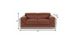 75" Camel And Silver Italian Leather Loveseat